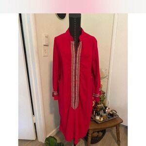 Vintage Red Embroidered Zipper Front Long Sleeve House Coat